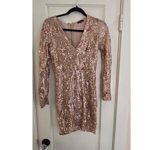 Privy Gold Pink Sequin Mesh Bodycon Short Dress V-Neck Long Sleeve Size S